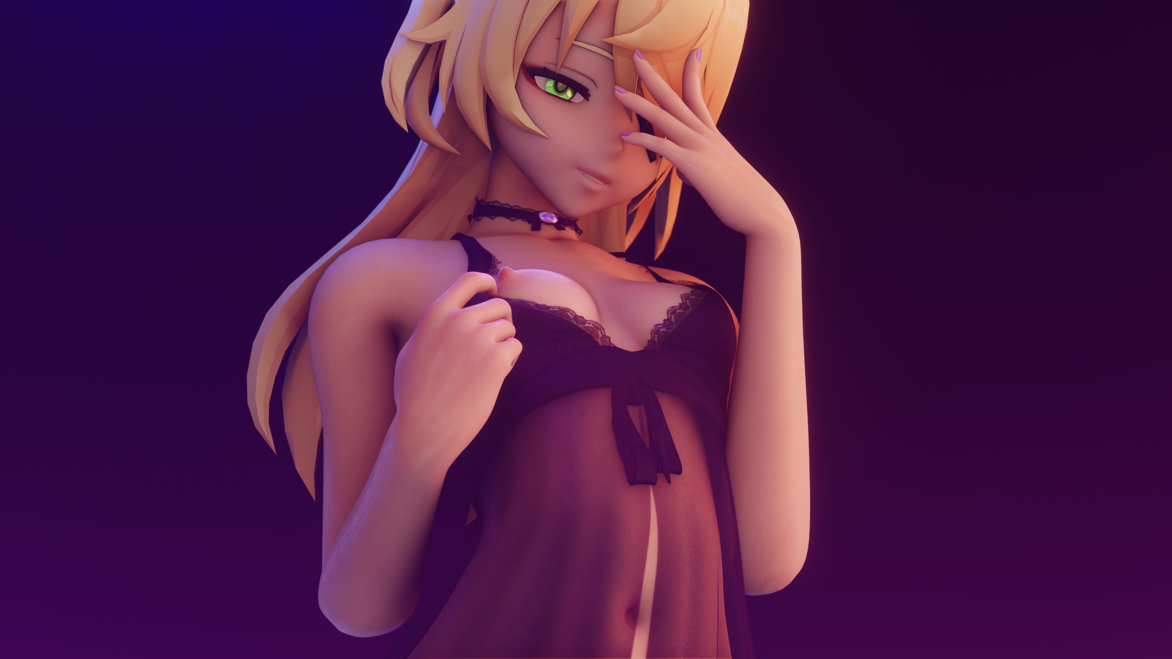 1girls, 3d, 4k, blonde hair, breasts, female, female only, fischl (genshin impact), genshin impact, high quality, high resolution, lingerie, navel, solo, solo female, vicineko