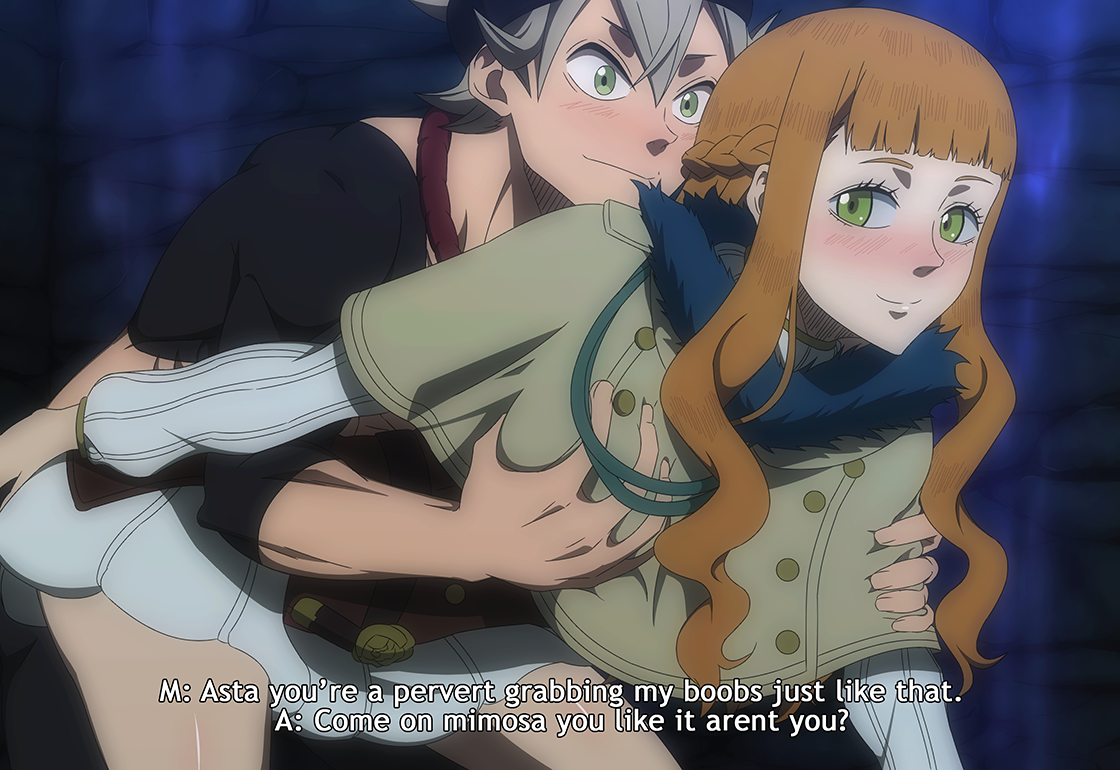 1boy, 1girls, all fours, asta (black clover), black clover, breast grab, breasts, dialogue, doggy style, english text, female, green eyes, grey hair, grey-haired male, long hair, male, mimosa vermillion, orange hair, orange-haired female, penetration, princess, royalty, sex, short hair, smile, text, thighs, zuharu