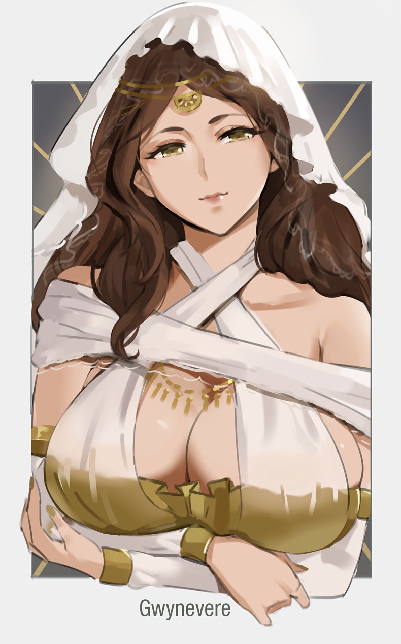 arms_crossed_under_breasts bare_shoulders big_breasts brown_hair circlet cleavage crossed_arms dark_souls detached_sleeves female female_only fromsoftware goddess gold_(metal) gold_jewelry huge_breasts jewelry long_hair queen_of_sunlight_gwynevere sendrawz solo tiara upper_body veil yellow_eyes