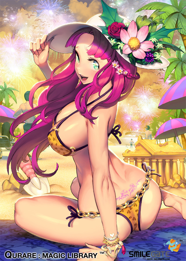 aristotle_(qurare) beach bikini bracelet braid braided_hair fireworks flower green_eyes hat looking_at_viewer ningu outside qurare:_magic_library sand shovel tree umbrella