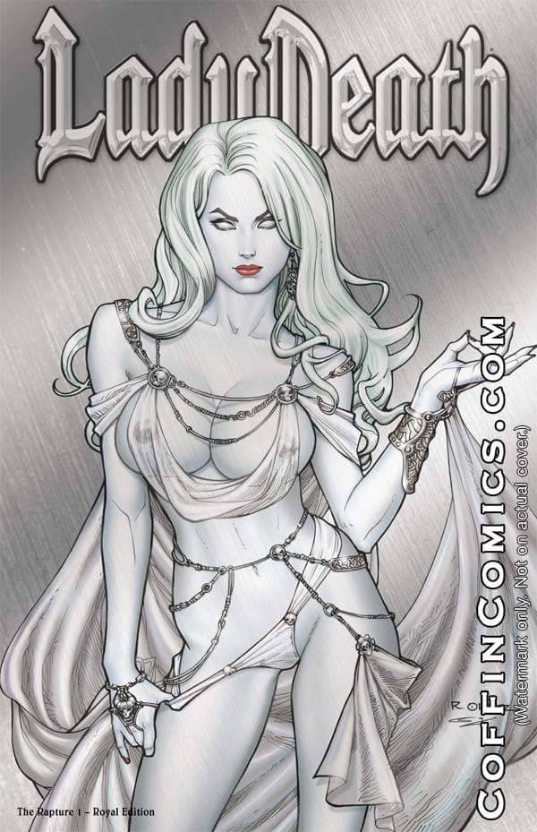 1girls braless chaos_comics dominant_female lady_death long_hair looking_at_viewer no_bra pulling_panties queen_of_the_dead red_lips richard_ortiz seductive_eyes seductive_look solo_female solo_focus tagme white_hair