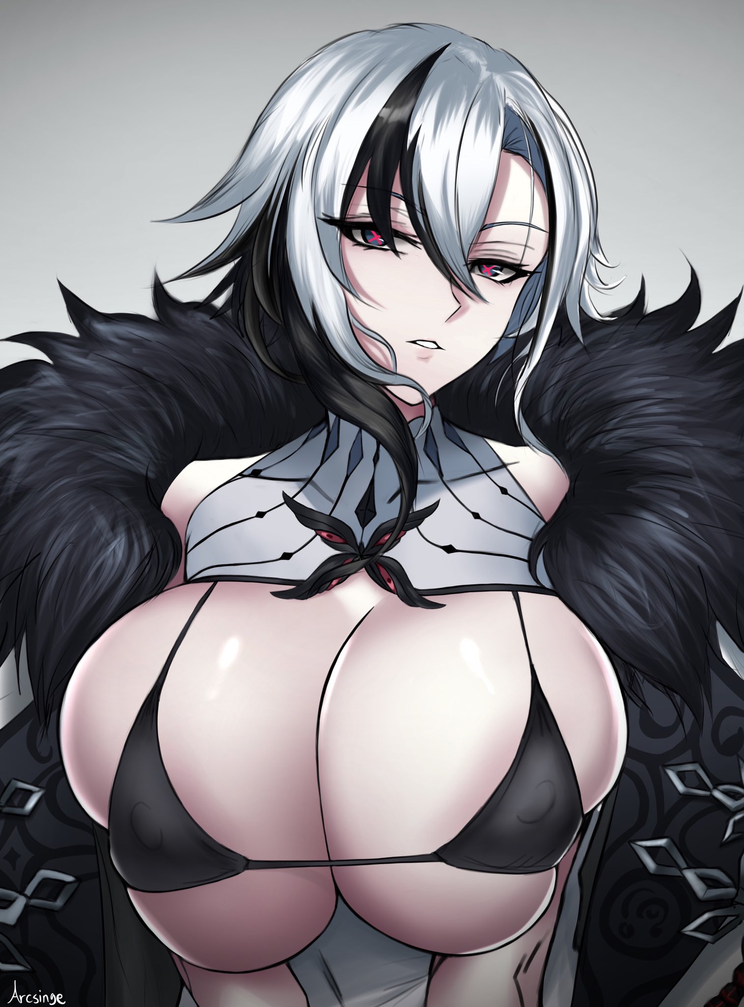 1girls, arcsinge, arlecchino (genshin impact), big breasts, bikini, bikini top, breasts, busty, cleavage, erect nipples, erect nipples under clothes, female, genshin impact, jacket, large breasts, light skin, light-skinned female, looking at viewer, mature female, milf, nipples, pale skin, pale-skinned female, underboob, white hair