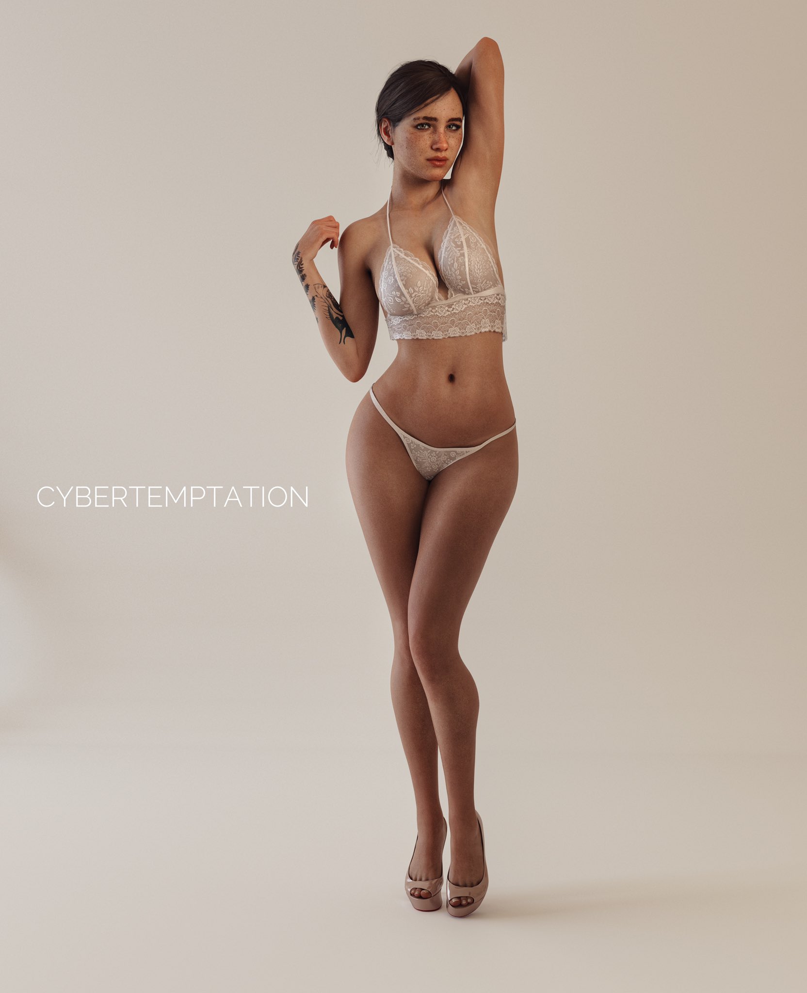 1girls, 3d, athletic, athletic female, cybertemptation, ellie (the last of us), ellie williams, female, female only, high heels, lingerie, naughty dog, navel, panties, pinup, pinup pose, platform heels, solo, tagme, tattoo, the last of us, the last of us 2, thong, white lingerie