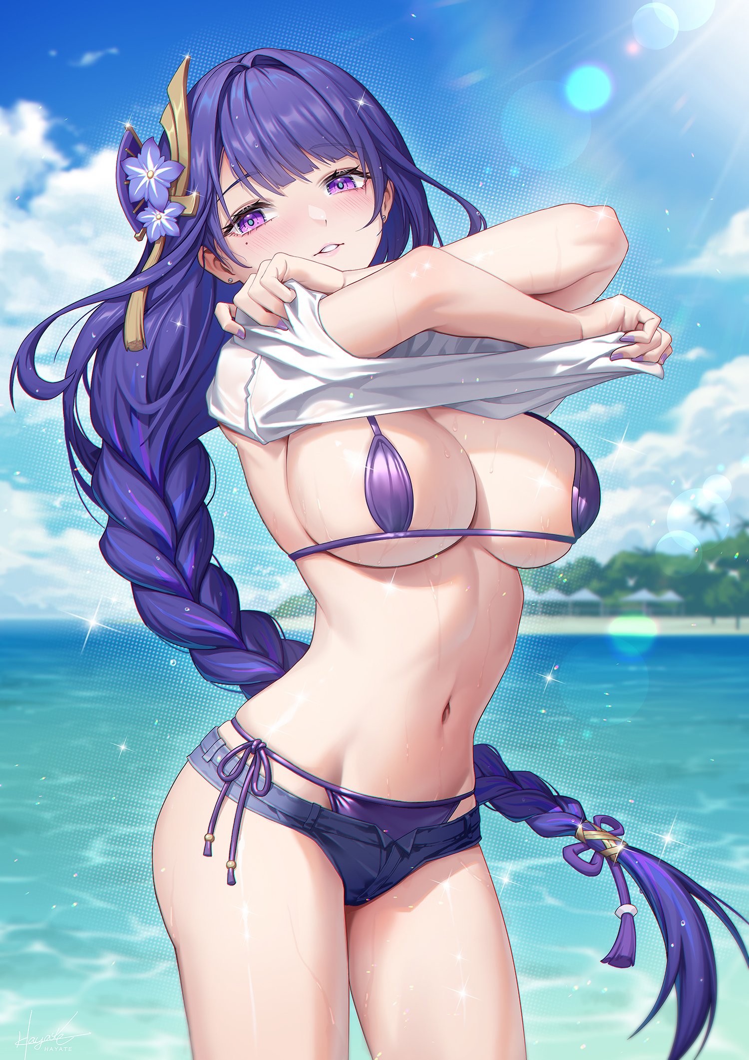 1girls, beach, bikini, blush, braid, braided hair, breasts, cowboy shot, female, female only, genshin impact, hi res, large breasts, leaf98k, looking at viewer, mihoyo, mole, mole under eye, pubic hair, purple hair, raiden shogun, shirt lift, shorts, string bikini, thick thighs, underboob, wet