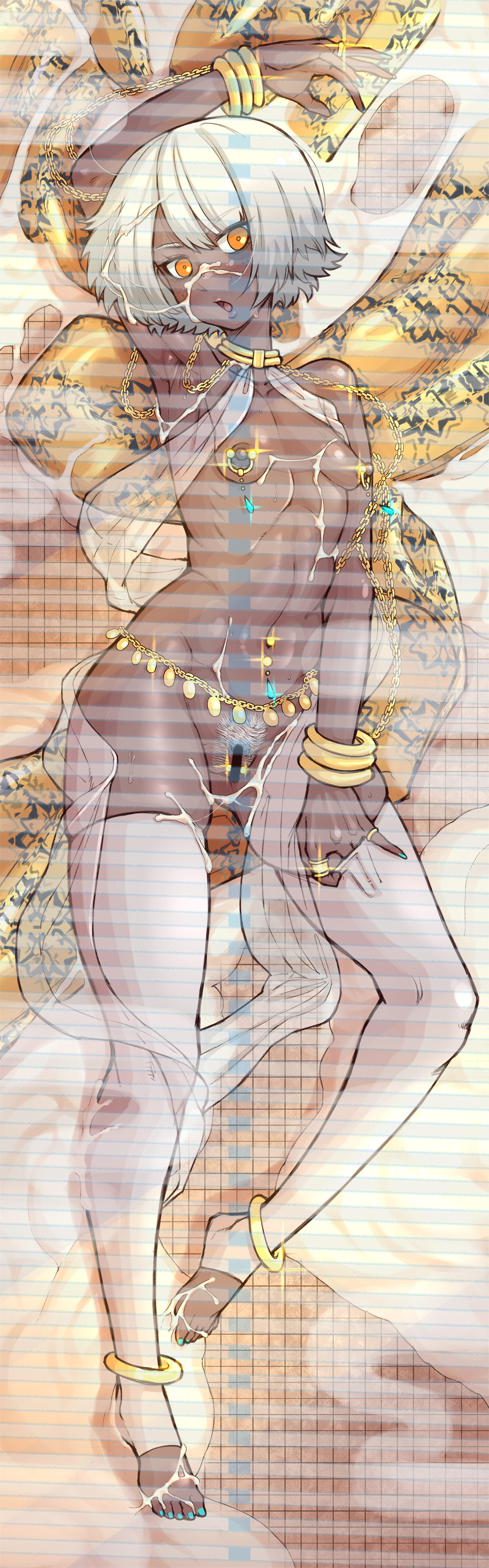 1girls, armpits, belly dancer, blush, breasts, bukkake, cum, cum bath, dark skin, dark-skinned female, ebonyxh, feet, female, freckles, full body, hairy, highres, jewelry, lying, navel piercing, nipple piercing, nipples, open mouth, orange eyes, petite, piercing, punishing: gray raven, robot girl, small breasts, sophia (punishing: gray raven), thighhighs, toeless legwear, watermark