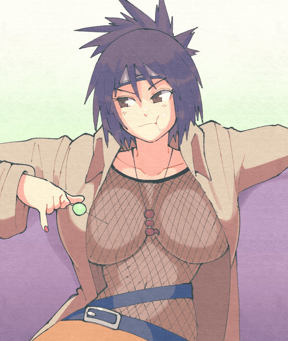 1girls 2022 belt big_breasts big_eyes breasts brown_eyes covered_nipples digital_media_(artwork) eating eyebrows_visible_through_hair female female_focus fishnet fishnet_shirt forehead_protector hi_res hourglass_figure huge_breasts human inkuusan looking_to_the_side mitarashi_anko naruto naruto_(series) naruto_shippuden navel necklace necklace_between_breasts open_clothes open_shirt painted_nails red_fingernails revealing_clothes see-through see-through_clothing short_hair sideboob skimpy slim_waist solo solo_focus tagme violet_hair