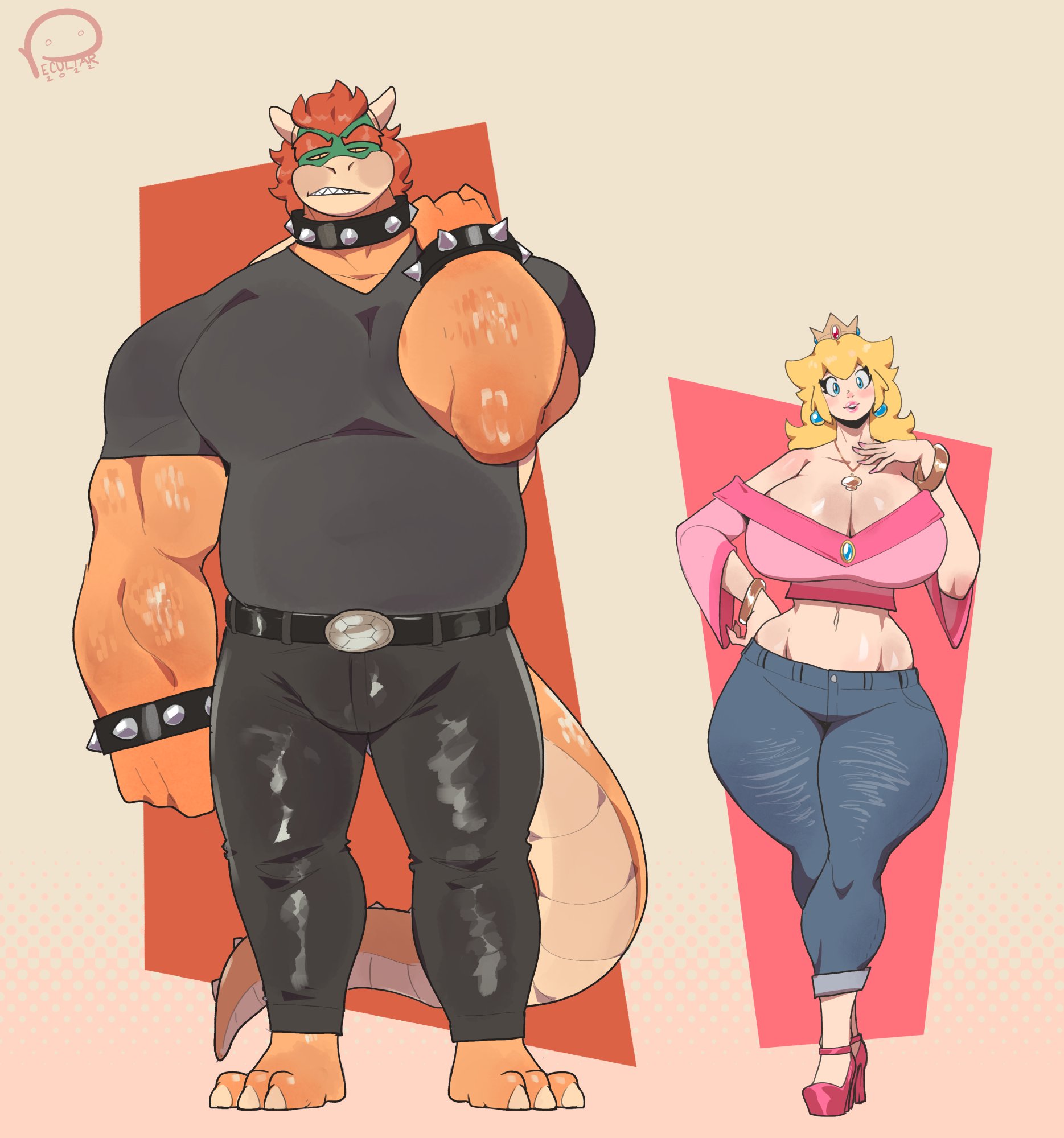 anthro, big breasts, bowser, breasts, female, male, mario (series), nintendo, peculiart, princess peach, thick thighs