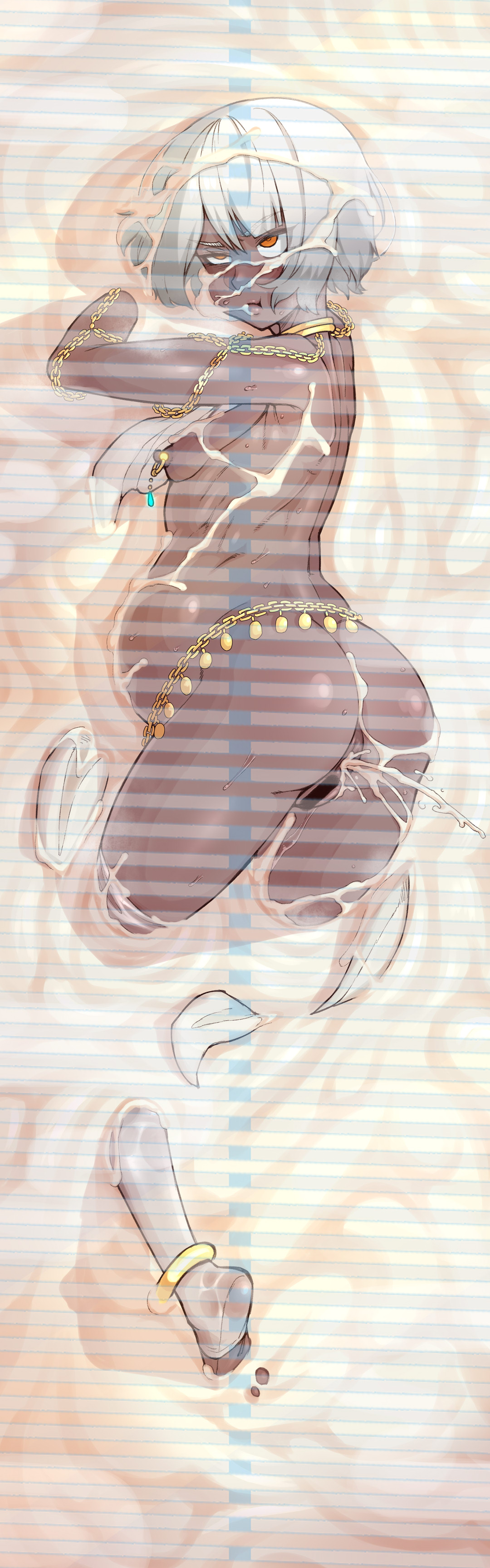 1girls, after anal, after sex, after vaginal, ahe gao, blush, breasts, bukkake, closed eyes, cum bath, cumflation, dark skin, dark-skinned female, ebonyxh, female, freckles, full body, inflation, jewelry, navel piercing, nipple piercing, nipples, nude, orange eyes, petite, piercing, punishing: gray raven, pussy, robot girl, small breasts, sophia (punishing: gray raven)