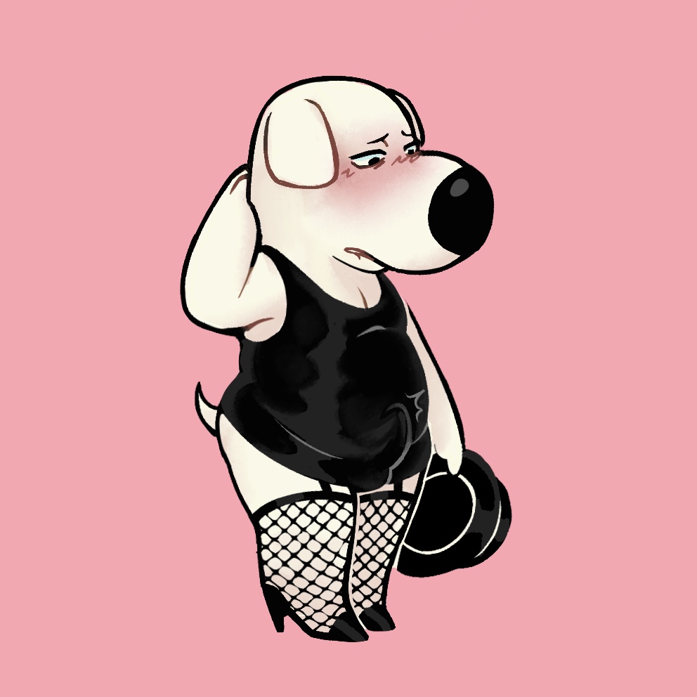 20th_century_fox 20th_century_studios anonpupb anthro balls_outline bite biting_lip blush brian_griffin bulge canid canine canis clothed clothing detailed_bulge domestic_dog erection erection_under_clothing family_guy fishnet_clothing fishnet_legwear flustered footwear fuzzy_door_productions genital_outline hat headgear headwear high_heels legwear looking_down male mammal penis_outline shoes slightly_chubby solo