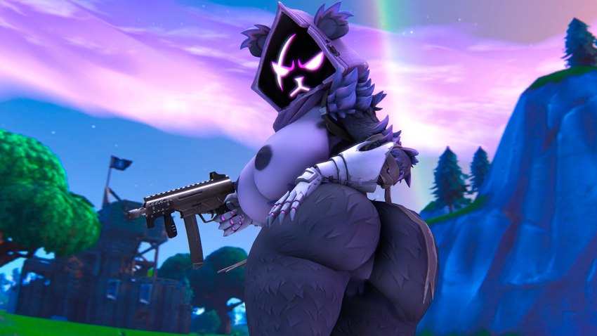 3d_(artwork) absurd_res anthro areola ass bear big_breasts big_butt breasts digital_media_(artwork) epic_games female fortnite furry_ghosty gun hi_res holding_gun holding_object holding_ranged_weapon holding_weapon looking_back mammal nipples outside plant rainbow ranged_weapon raven_team_leader solo submachine_gun tree weapon