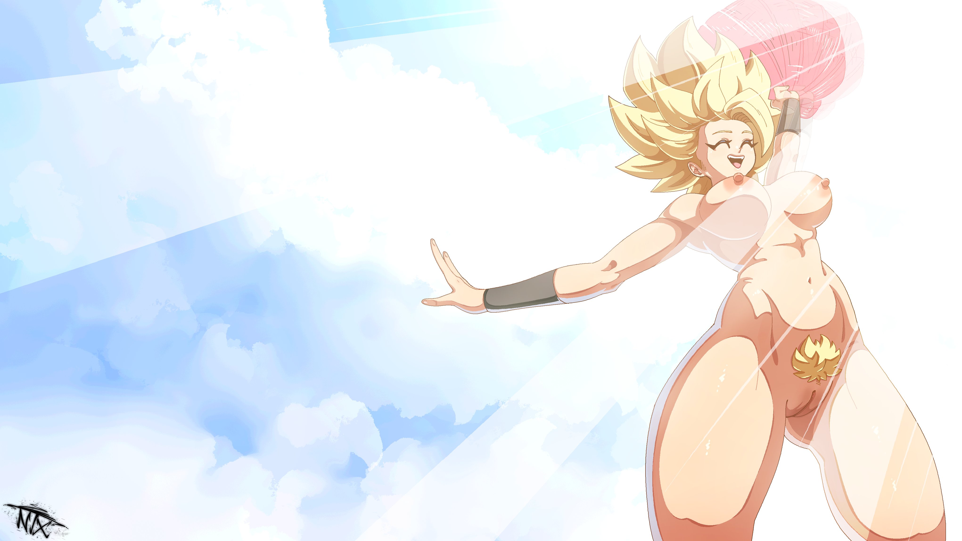 1girls, big breasts, blonde hair, blue eyes, breasts, caulifla, dragon ball, dragon ball super, female, female only, large breasts, light skin, light-skinned female, navel, neontetrix, nude, pussy, smile, solo, super saiyan, thick thighs, thighs, tubetop