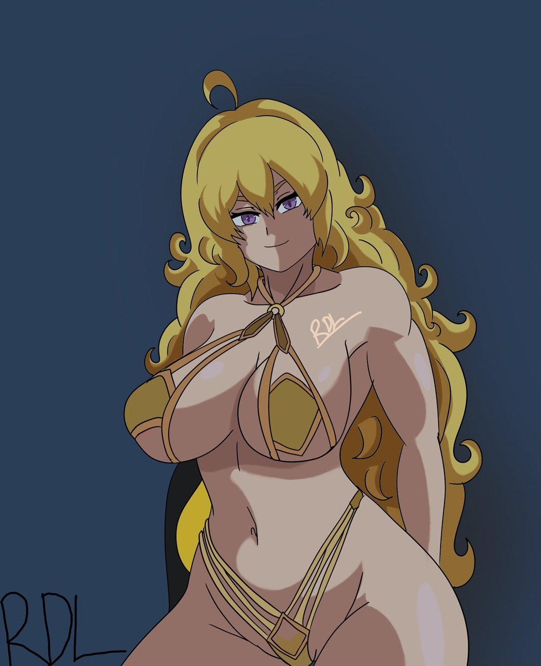 1girls big_breasts bikini blonde_hair breasts busty child_bearing_hips cleavage curvy female female_only hi_res large_breasts legs long_hair navel purple_eyes rwby seductive seductive_smile sensual smile thick_thighs thighs voluptuous yang_xiao_long