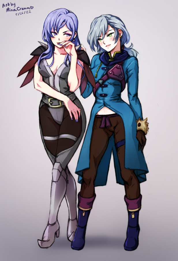 2girls artist_name ashe_ubert ass_visible_through_thighs boots breasts cape cleavage dated earrings eyeshadow female female_only fire_emblem fire_emblem:_three_houses freckles genderswap_(mtf) gloves green_eyes green_hair grey_background hand_on_shoulder inner_thighs leotard makeup medium_hair minacream multiple_girls nintendo pink_eyeshadow ponytail purple_eyes purple_hair rule_63 small_breasts smile thighs yuri_leclerc