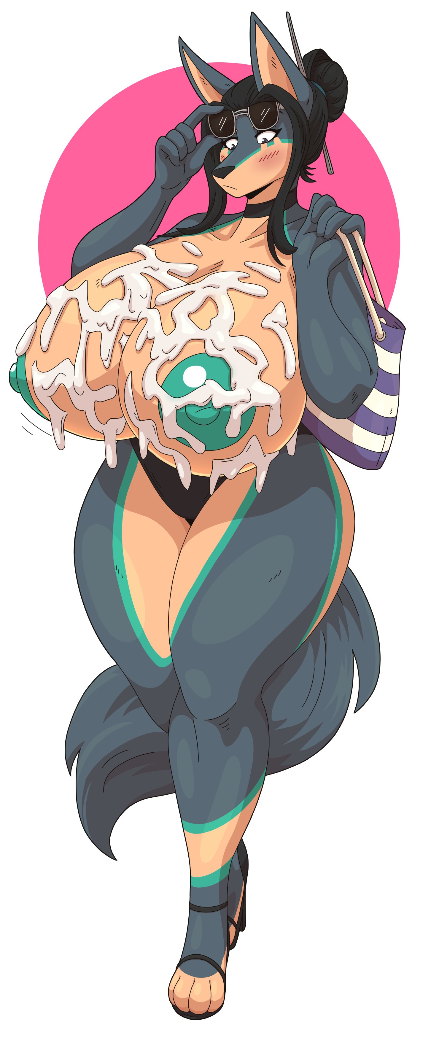 1girls, anthro, areolae, black hair, blush, breasts, breasts out, canine, cum, cum on breasts, doberman, dog ears, domestic dog, female, female only, huge breasts, looking at breasts, nipples, slightlysimian, solo, solo female, sunglasses, sunglasses on head, swimsuit aside, thick thighs, very high resolution