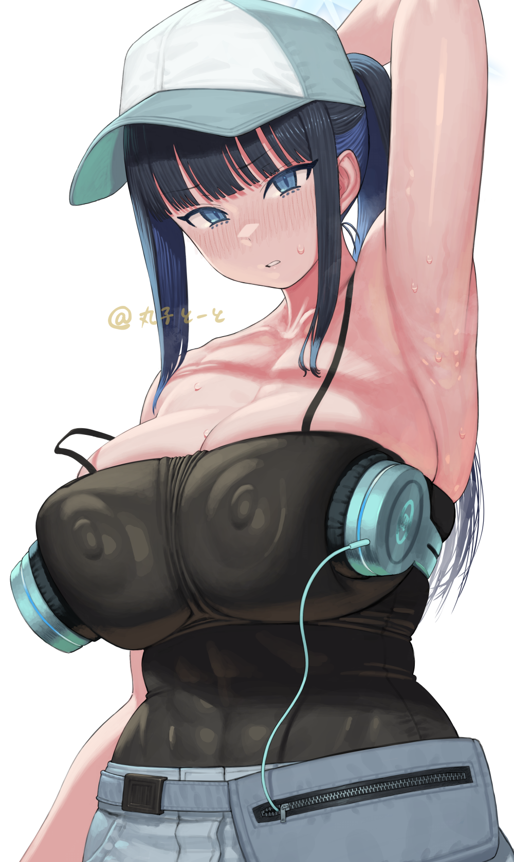 1girls abs arius_satellite_school_student arius_squad_(blue_archive) arm_up armpits bare_shoulders baseball_cap black_camisole black_hair blue_archive blue_eyes blue_hair blunt_bangs blush breasts camisole cleavage collarbone covered_navel covered_nipples cowboy_shot female halo hat headphones headphones_on_breasts highres huge_breasts light-skinned_female light_skin long_hair looking_at_viewer maruko_tooto official_alternate_costume parted_lips ponytail presenting_armpit saori_(blue_archive) saori_(swimsuit)_(blue_archive) sidelocks simple_background solo sweaty_armpits toned toned_female twitter_username white_background white_hat