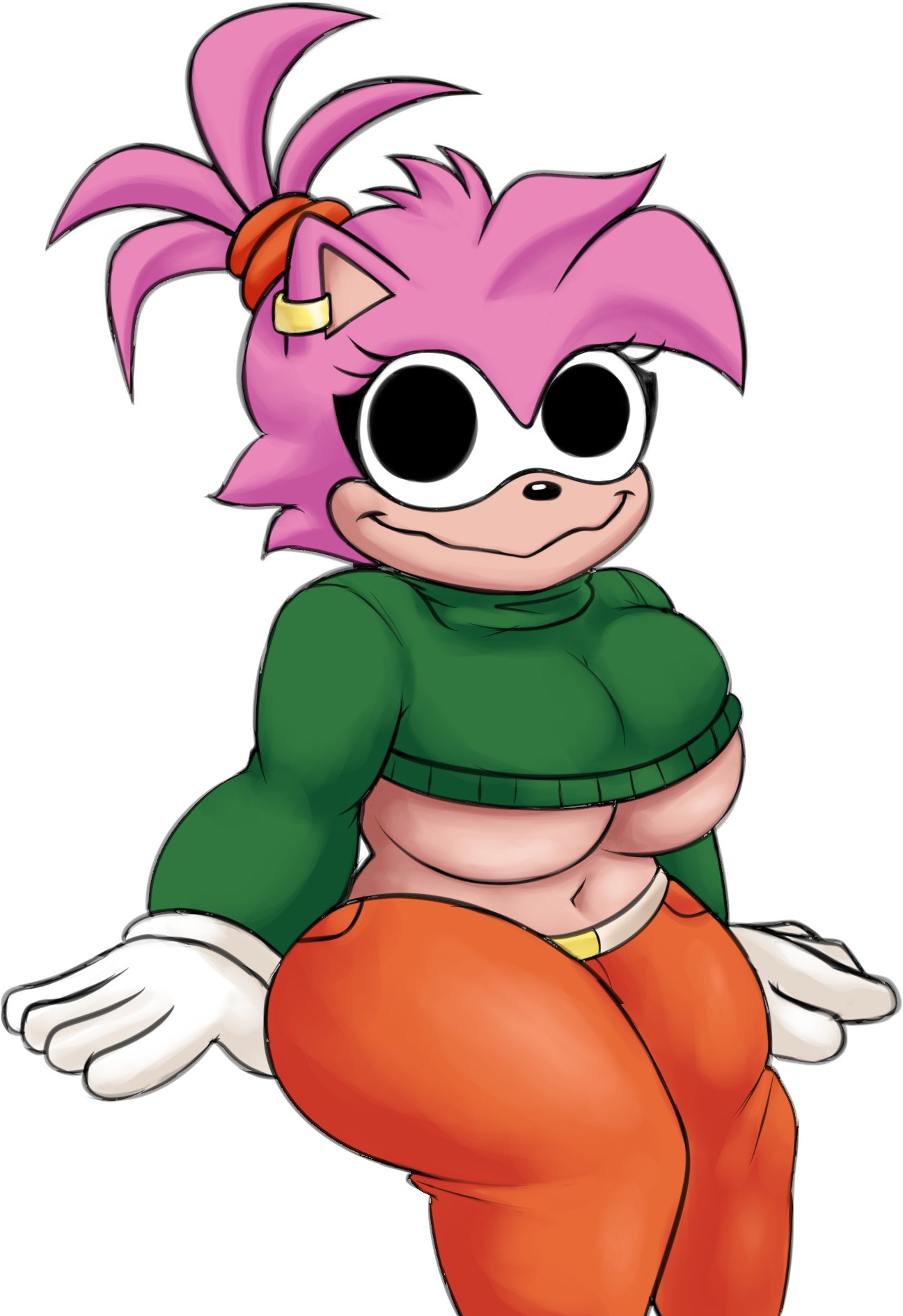 17bucks 1treno1 amy_rose bell belly belly_button big_breasts big_eyes big_thighs black_eyes classic_amy_rose closed_mouth closed_smile cream_fur female friday_night_funkin friday_night_funkin_mod gloves liz_(treno) looking_at_viewer mobian mobian_(species) nervous_smile pamvllo pants piercing pink_fur pink_hair ponytail sitting smile solo solo_focus sonic.exe_(series) sweater sweater_lift thick_thighs underboob underboob_shirt