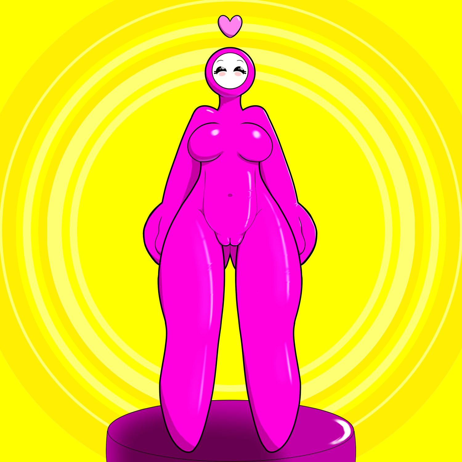 2020 big_hands blush breasts bright_colors cleft_of_venus digital_media_(artwork) eyelashes fall_gal fall_guys featureless_breasts female genitals happy heart hi_res humanoid looking_at_viewer navel no_nipples nude pink_body pussy shaded solo standing vestalysis video_games