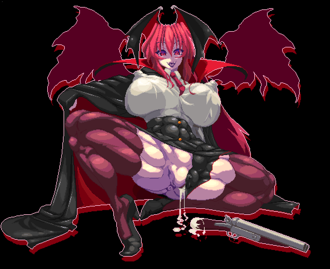 1girls clothed clothing extreme_muscles female female_only gun mmmmachi pixel_art pussy_juice pussy_juice_drip red_hair solo solo_female tagme vampire