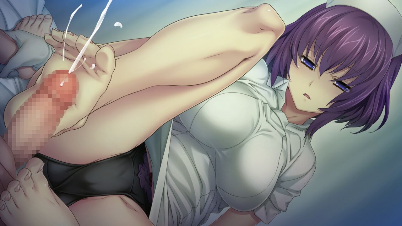 1boy 1girls big_breasts black_panties breasts censored censored_penis cum femdom footjob hikage_eiji kamitsurugi_ouka kurokawa-chan mosaic_censoring nope_nope_nurses nurse on_bed panties