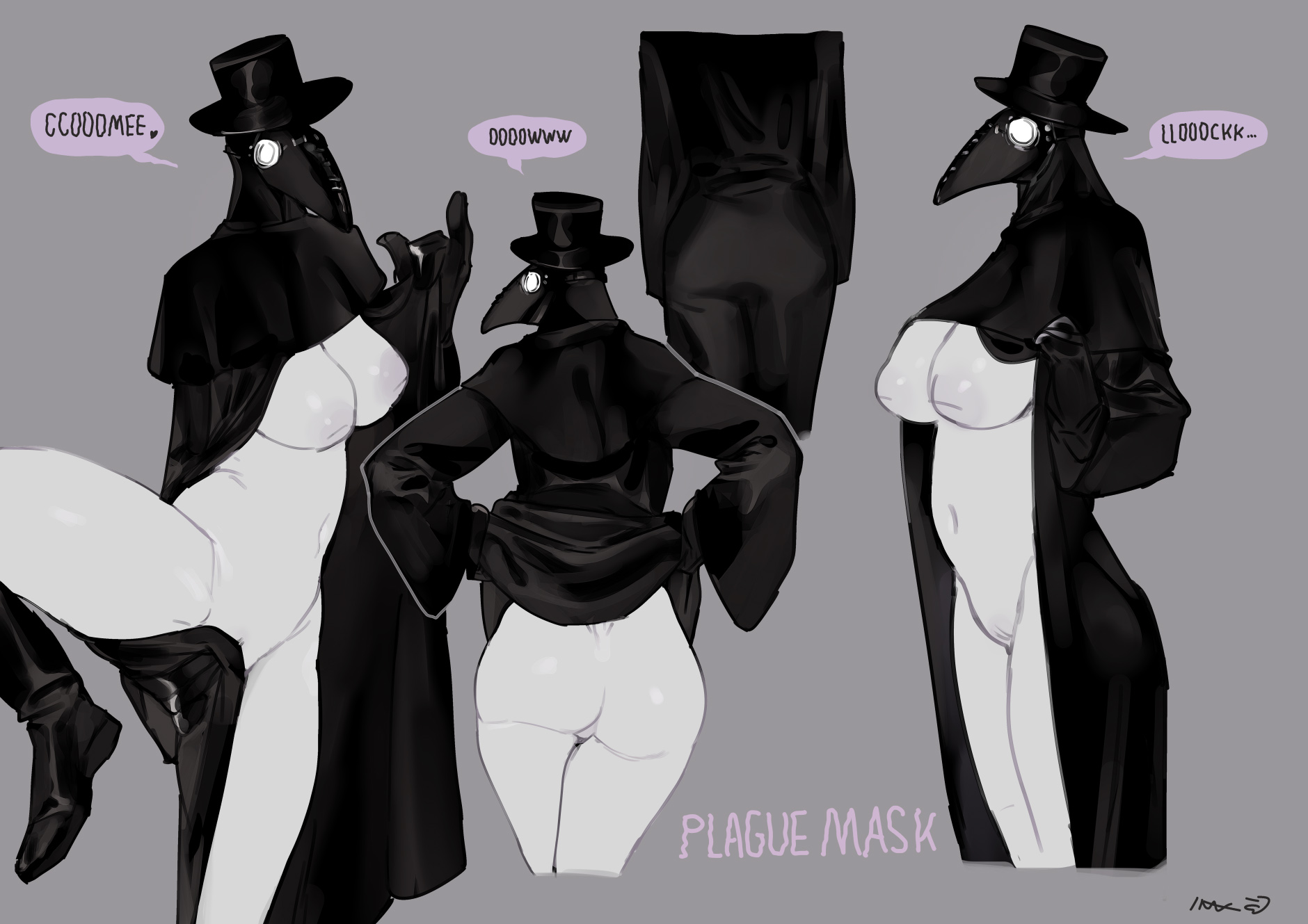 1girls, areolae, ass, bebebebebe, breasts, cloak, dialogue, english text, female, female only, grey background, hat, hi res, humanoid, inverted nipples, nipples, nude, nude female, nude underneath, plague doctor, plague doctor mask, plague mask (bebebebebe), pussy, solo, solo female, speech bubble, white skin