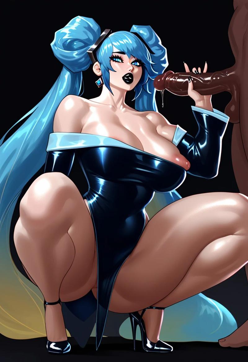 ai_generated big_penis black_lipstick black_penis blue_hair handjob high_heels league_of_legends makeup male milf nail_polish nikolgreen penis riot_games sona_buvelle squatting stable_diffusion stiletto_heels very_high_heels