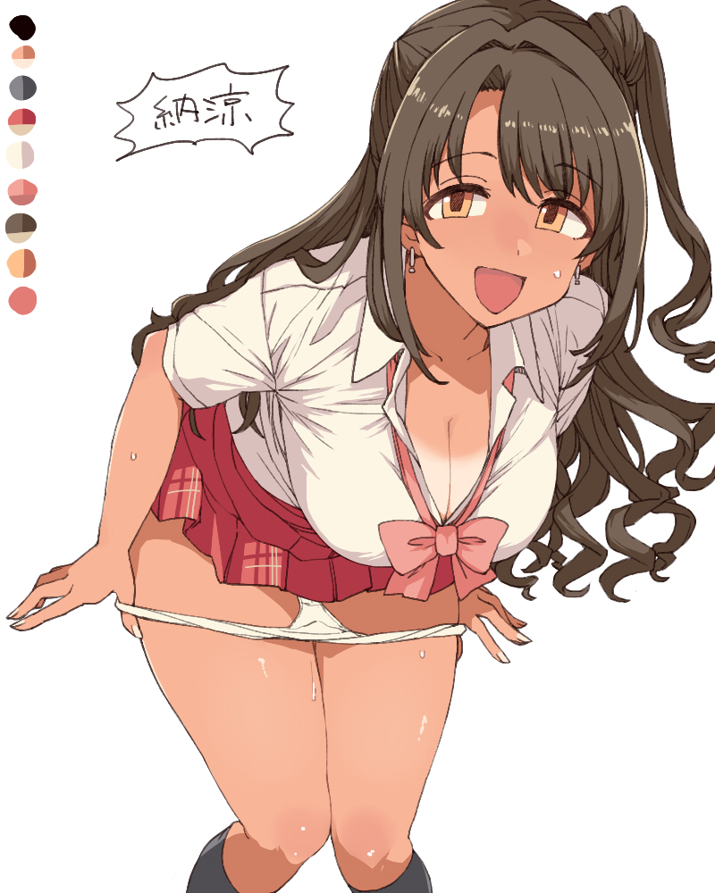 1girls :d black_socks bow breasts brown_hair cleavage color_guide commentary curly_hair dot_nose dress_shirt earrings female idolmaster idolmaster_cinderella_girls jewelry large_breasts leaning_forward legs_together long_hair looking_at_viewer miniskirt one_side_up orange_eyes panties panty_pull pink_bow pink_skirt shimamura_uzuki shirt short_sleeves simple_background skirt smile socks solo standing sweat tan tanlines toriga_naku translated underwear white_background white_panties white_shirt