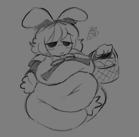 1girls animal_ears belly carrot character_request chubby copyright_request fake_animal_ears fat holding_basket large_breasts meatoids monochrome plump pubic_hair rabbit_ears shirt solo stomach thick_thighs thighs