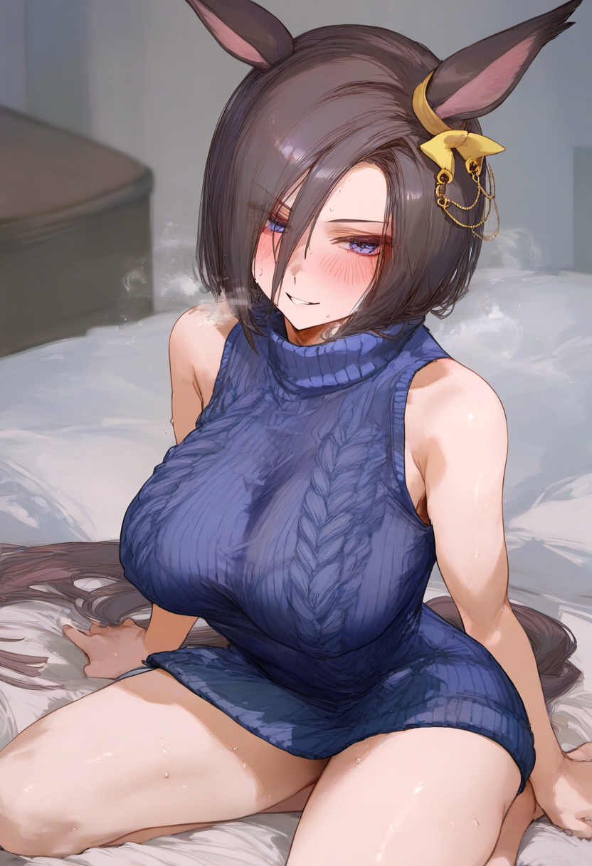 ai_generated air_groove_(umamusume) animal_ears black_hair blue_eyes blunt_cut breasts eyebrows hair_accessory sweater umamusume umamusume_pretty_derby