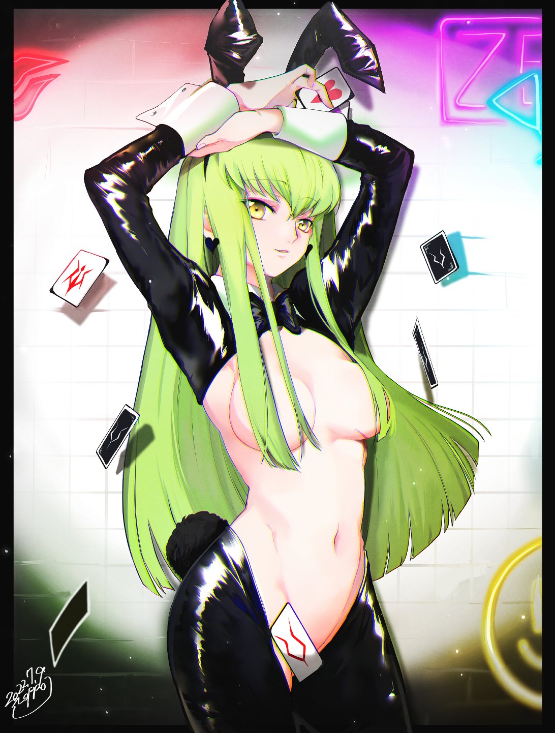 animal ears, arms up, blush, breasts, c.c., card, code geass, convenient censoring, detached collar, fake animal ears, fake tail, female, green hair, hair censor, hair over breasts, highres, latex, latex legwear, long hair, looking at viewer, medium breasts, meme attire, multi ear, navel, noppo, open mouth, playing card, rabbit ears, rabbit tail, revealing clothes, reverse bunnysuit, reverse outfit, shrug (clothing), smile, solo, standing, stomach, tail, wrist cuffs, yellow eyes