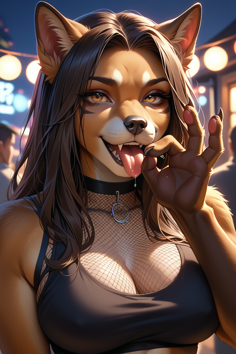 ai_generated blowjob blowjob_face blowjob_gesture brown_hair collar dog_ears dog_girl fellatio fellatio_gesture fishnets furry furry_female furry_only stable_diffusion