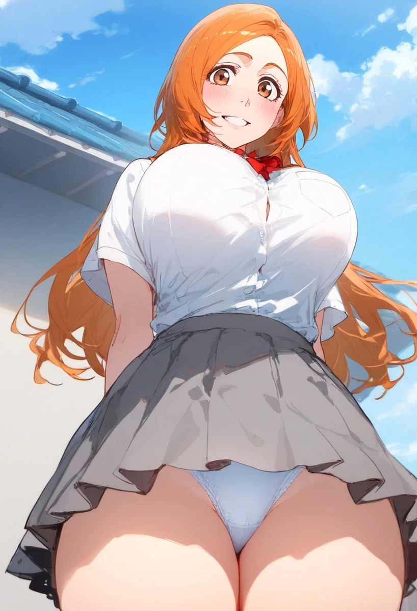 ai generated, bare legs, big breasts, bleach, breasts, brown eyes, female, huge breasts, huge thighs, inoue orihime, light skin, light-skinned female, long hair, looking down, low-angle view, massive breasts, orange hair, panties, school uniform, schoolgirl, smiling, solo female, squatting, sweat, sweatdrop, thick body, thick female, thick thighs, thighs, upskirt, voluptuous, voluptuous female