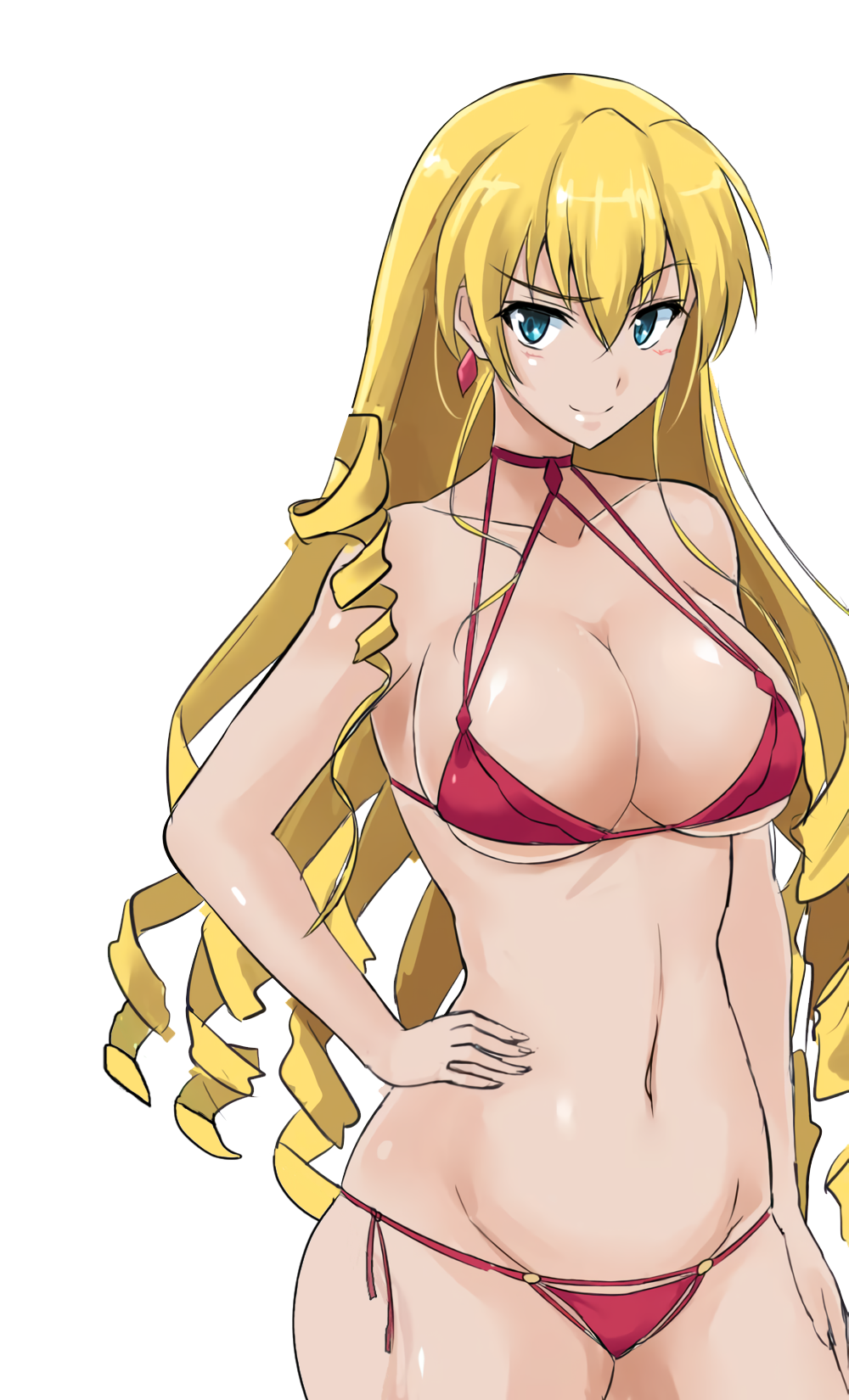 1girls alternate_hairstyle big_breasts bikini blonde_hair blush breasts busty child_bearing_hips claire_harvey cleavage confident drill_hair earrings female female_only hand_on_hip hand_on_leg hand_on_own_leg hand_on_own_thigh hand_on_thigh highres hundred jewelry large_breasts legs long_hair looking_at_viewer navel pose posing raised_eyebrow red_bikini seductive seductive_smile sensual sexy_pose smile solo swimsuit thighs very_long_hair voluptuous