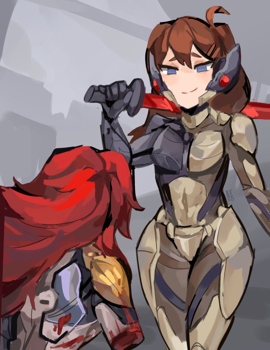 bleeding blood blue_eyes brown_hair fully_clothed gebura_(lobotomy_corporation) hod_(lobotomy_corporation) jetstream_sam lobotomy_corporation meme memories_broken metal_gear_rising morchkins murasama one_arm project_moon red_hair reference shitpost smug thick_thighs wounded