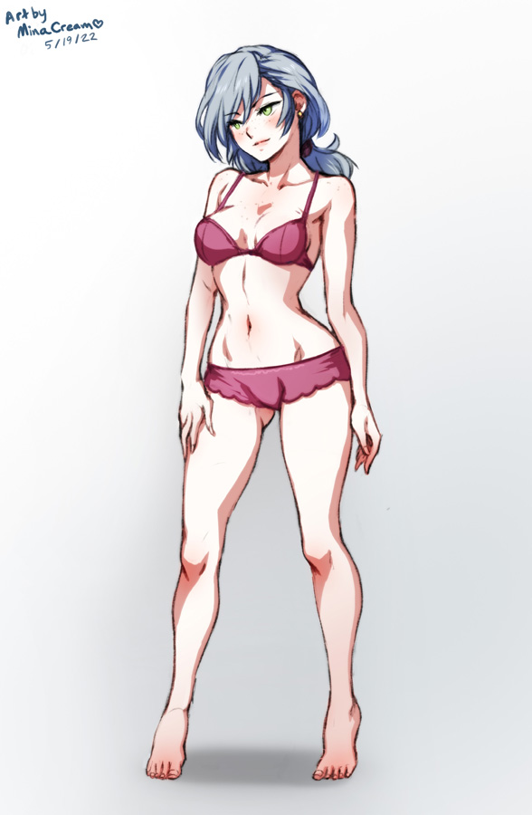 1girls artist_name ashe_ubert ass_visible_through_thighs bare_legs bare_shoulders barefoot breasts collarbone dated earrings female female_only fire_emblem fire_emblem:_three_houses freckles genderswap_(mtf) green_eyes grey_background grey_hair legs medium_hair minacream nintendo panties ponytail purple_panties rule_63 shoulders small_breasts smile solo underwear