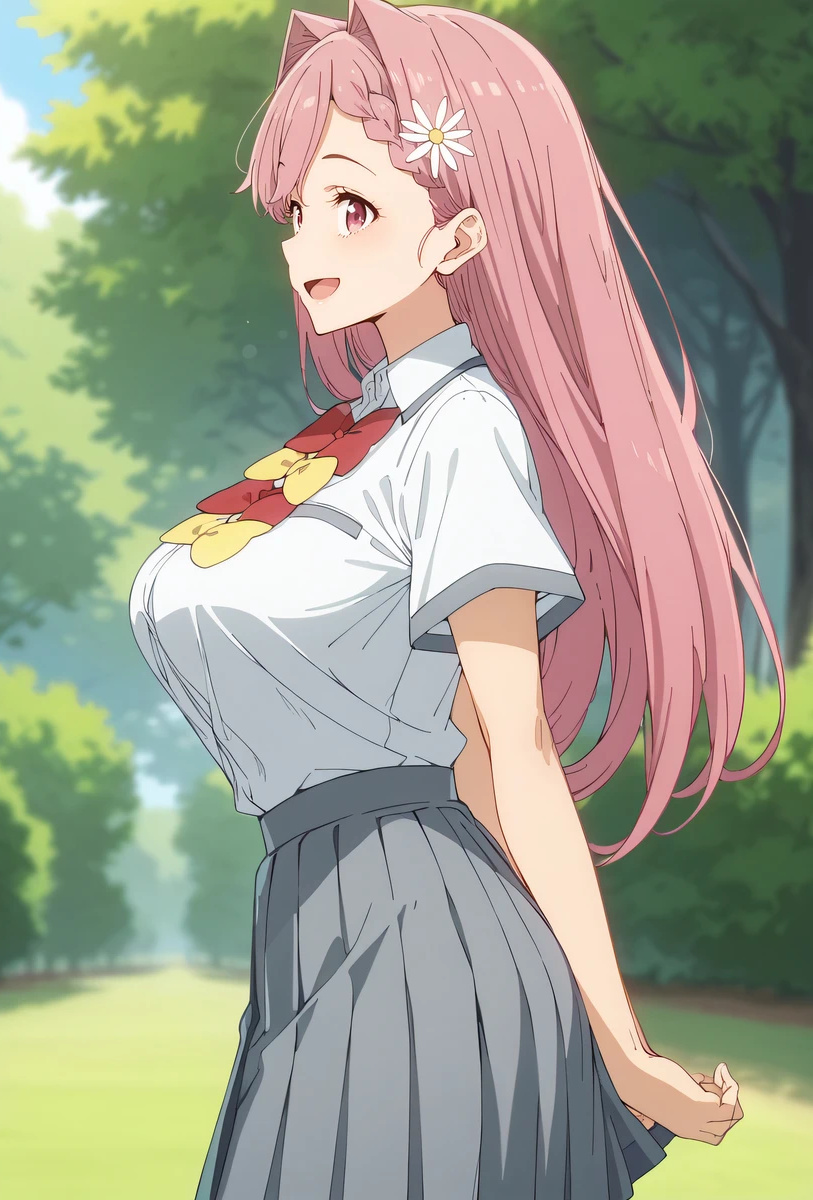 ai_generated big_breasts curvaceous curvy_female flower_in_hair himemiya_karen huge_breasts kiwifruit0501 light-skinned_male light_skin long_hair make_heroine_ga_oo_sugiru! massive_breasts pink_eyes pink_hair school_uniform schoolgirl sideboob smiling solo_female voluptuous voluptuous_female