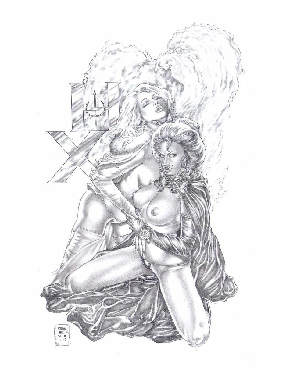 2girls black_and_white black_queen breasts_out emma_frost female female_only gene_espy hellfire_club jean_grey large_breasts marvel marvel_comics nipples topless topless_female traditional_art traditional_media_(artwork) white_queen x-men yuri yuri