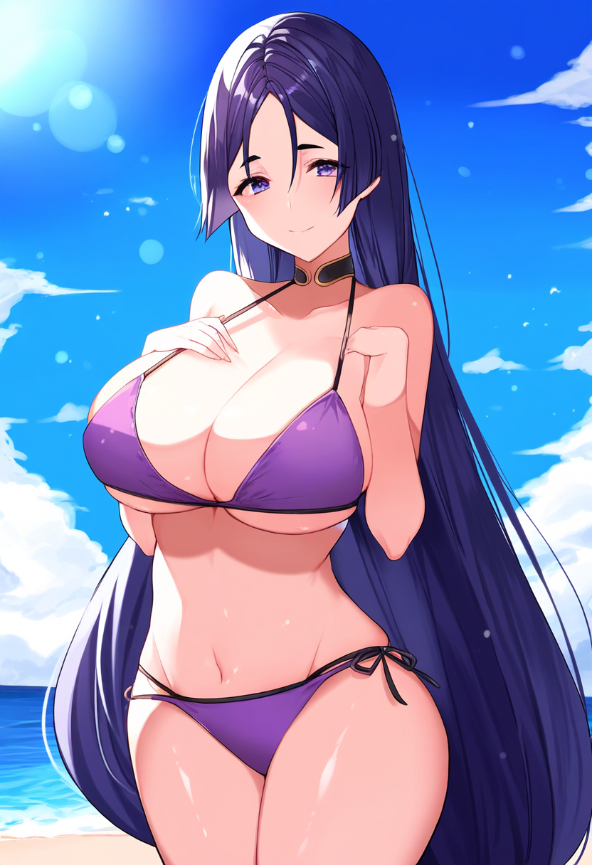 ai_generated big_breasts bikini bikini_bottom bikini_top breasts fate/grand_order fate_(series) female keinovelnovelai minamoto_no_raikou_(fate) minamoto_no_raikou_(fate/grand_order) purple_eyes purple_hair purple_swimsuit purple_swimwear solo swimsuit swimwear type-moon