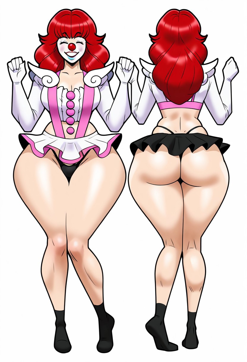 1girls ai_generated back_view bunanza_ clown_girl clown_makeup clown_nose curvy_body curvy_figure curvy_hips front_view full_body gloves hourglass_figure miniskirt multiple_views posing_for_the_viewer solo tagme thick_thighs thong