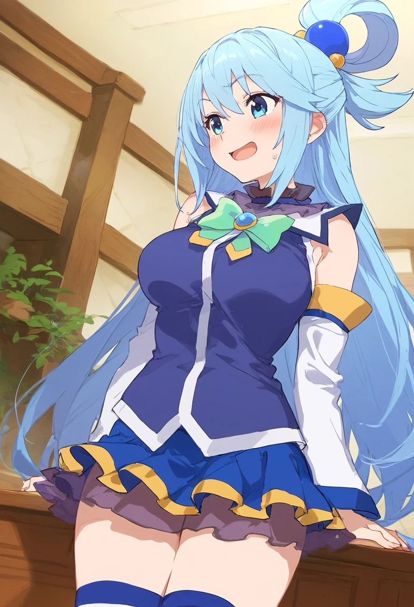 ai_generated aqua_(konosuba) bare_legs big_breasts blue_eyes blue_hair goddess huge_breasts huge_thighs kono_subarashii_sekai_ni_shukufuku_wo! large_breasts light-skinned_female light_skin long_hair minidress smiling solo_female squatting sweat sweatdrop thick_thighs thighs voluptuous voluptuous_female