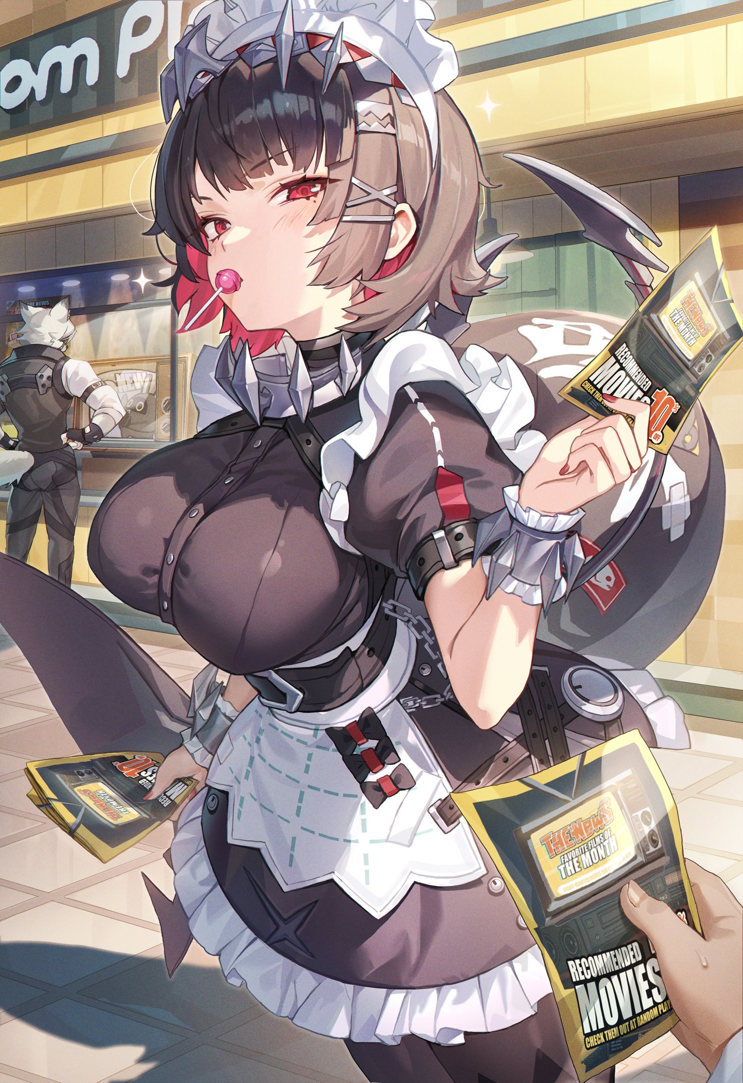 1boy, 1girl, 1other, animal ears, apron, big breasts, black dress, black hair, black pants, black pantyhose, black vest, breasts, candy, commentary, dress, ellen joe, fins, fish tail, food, food in mouth, furry, furry male, highres, holding, holding paper, large breasts, lollipop, maid, maid apron, maid headdress, multicolored hair, outdoors, pamphlet, pants, pantyhose, paper, red eyes, red hair, red nails, shark girl, shark tail, shirt, short hair, tail, two-tone hair, vest, von lycaon, white shirt, whoisshe, wolf boy, wolf ears, wolf tail, wrist cuffs, zenless zone zero