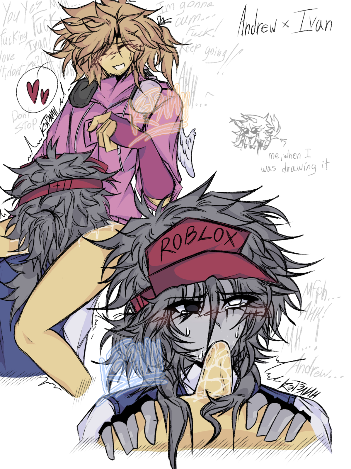 2d, 2d (artwork), andrew (bad things), bad things, bad things (roblox), blowjob, blush, bottomless, character name, cum, cum in mouth, cute expression, dirty talk, face fucking, gay, ivan (bad things), katalin , male only, male/male, moans, oral, penis, roblox, roblox game, robloxian, saliva, self upload, tagme, white background