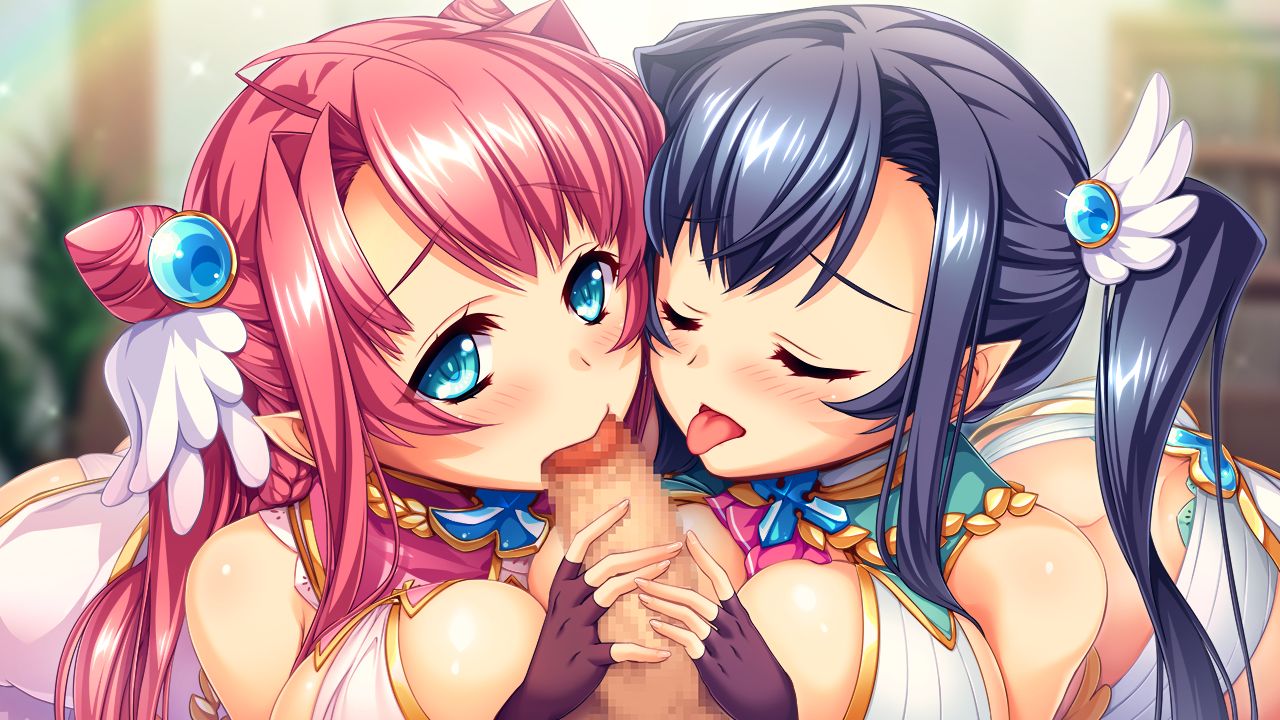 1boy 2girls black_hair blowjob blue_eyes censored chinese_girl chinese_girls closed_eyes collaborative_fellatio game_cg hongou_kazuto kan'u_unchou_(koihime) koihime†_(series) koihime_musou long_hair pink_hair ryuubi_gentoku_(koihime) suzukuri_karin-chan twintails