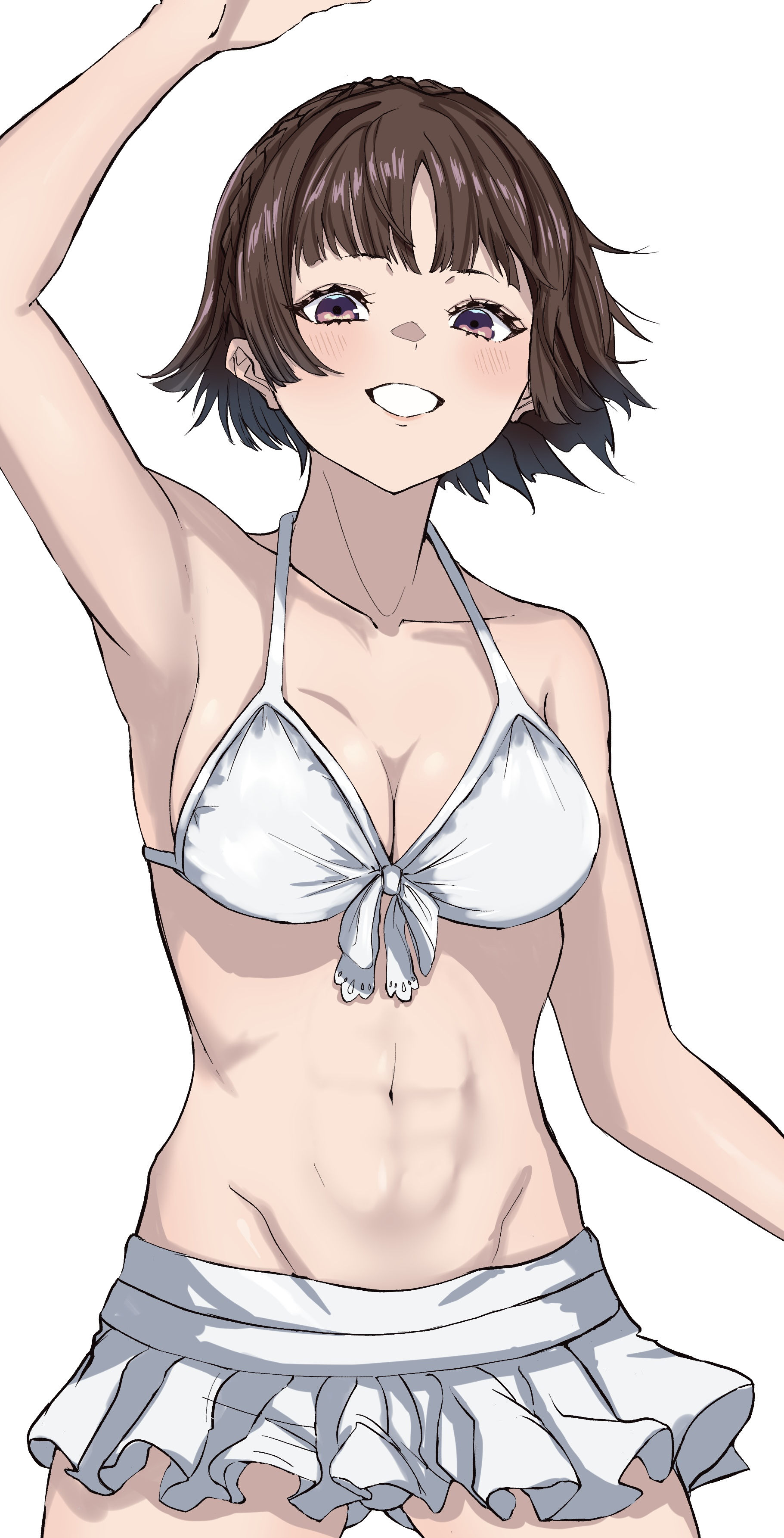 1girls, bikini, breasts, brown eyes, brown hair, exposed breasts, female, female only, makoto niijima, persona, persona 5, short hair, skirt, swimsuit, swimsuit skirt, white bikini, white swimsuit