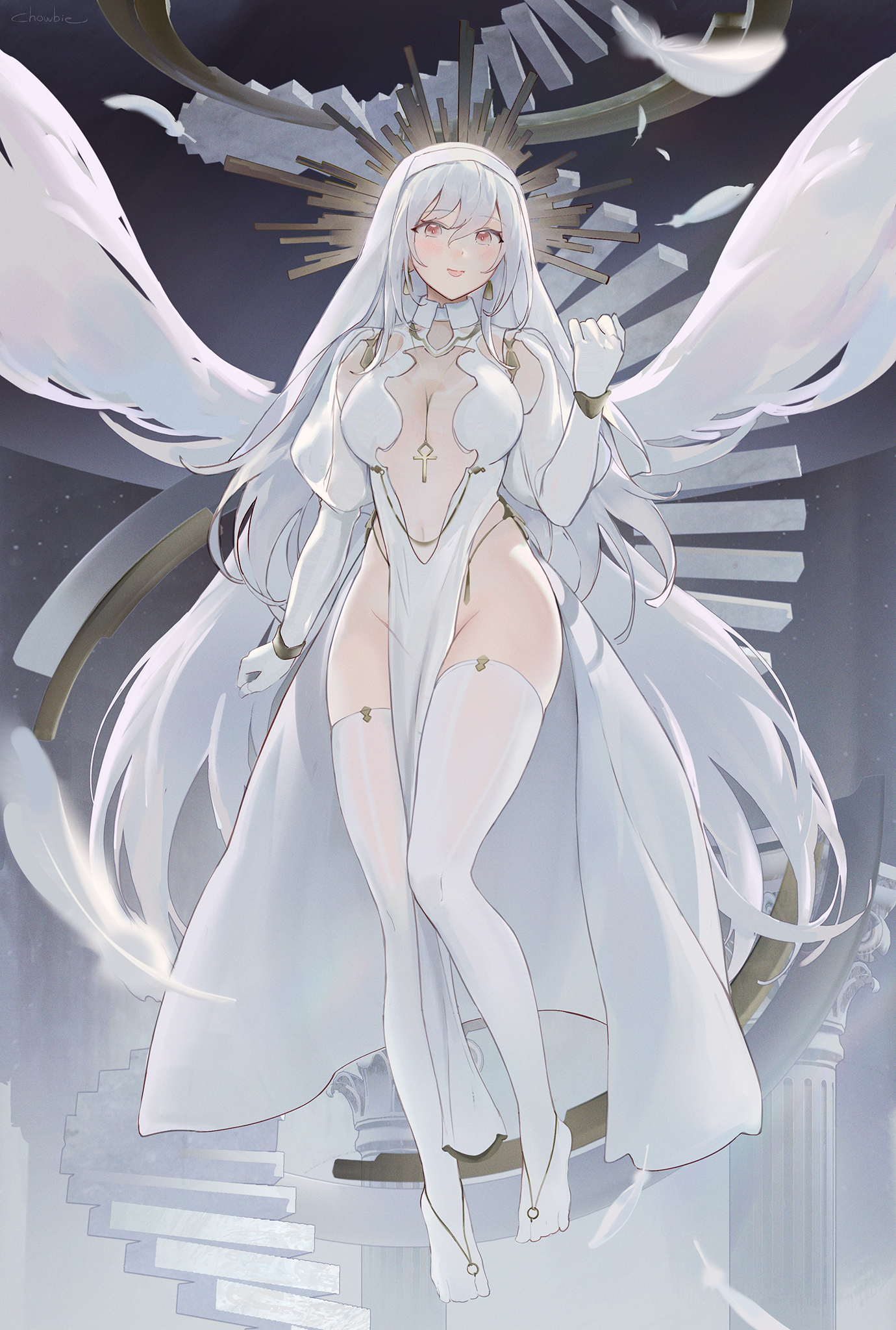 1girls, bangs, blush, breasts, chowbie, covered navel, feathers, female, full body, gloves, highres, large breasts, long hair, looking at viewer, original, red eyes, smile, solo, thighhighs, thighs, veil, white gloves, white headwear, white thighhighs, wings