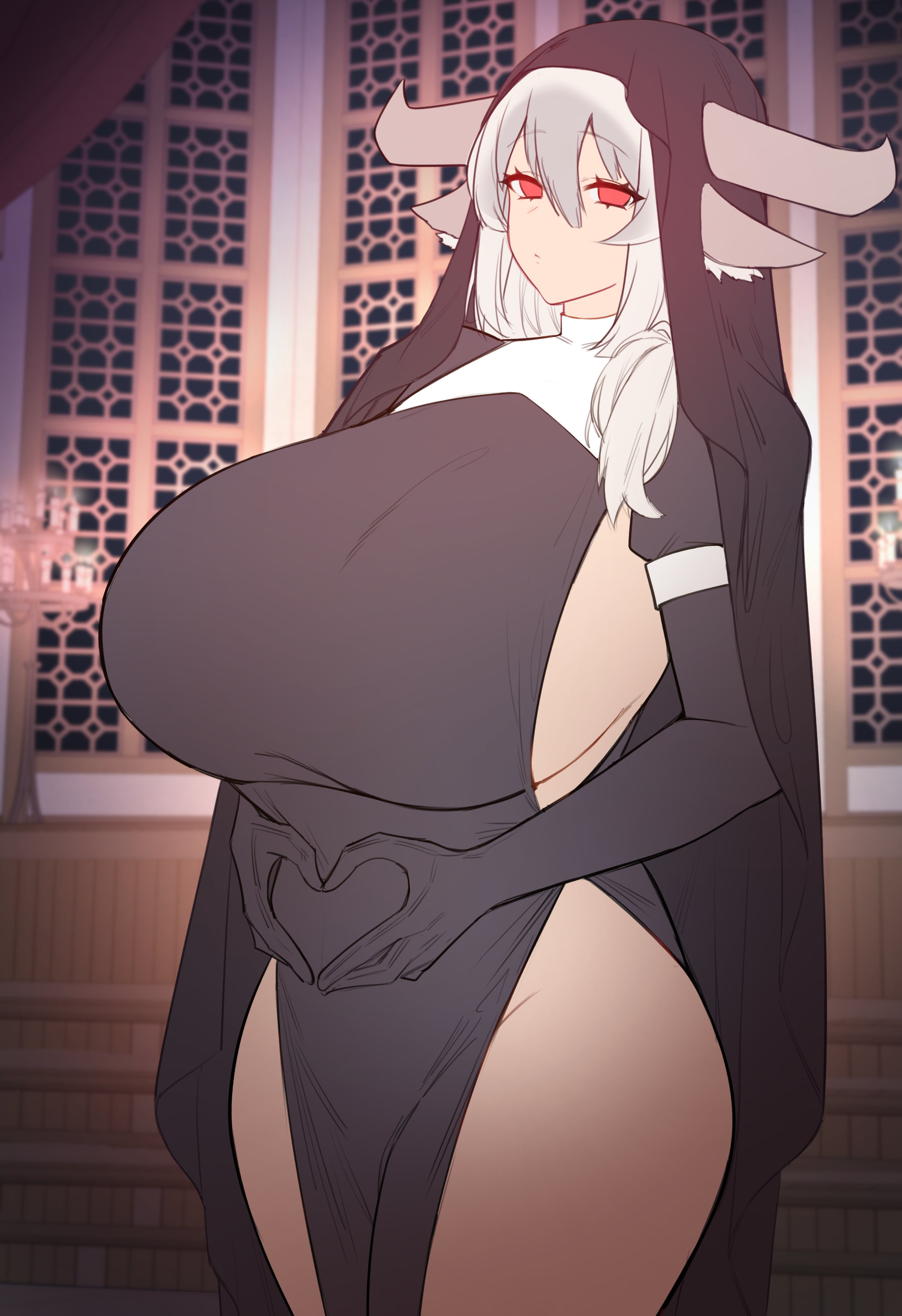 1girls, 2021, absurd res, animal ear fluff, animal ears, black dress, black gloves, breasts, church, clothing, cow ears, cow girl, cow horns, dress, elbow gloves, empty eyes, eyebrows visible through hair, female, female only, gloves, hair between eyes, hair over shoulder, hat, heart, heart hands, highres, horns, huge breasts, indoors, looking at viewer, maki (25maki), nun, nun's habit, original, puffy short sleeves, puffy sleeves, red eyes, revealing clothes, side ponytail, sideboob, silver hair, sogogistew, solo, standing, thick thighs, thighs, tied hair, wide hips, window