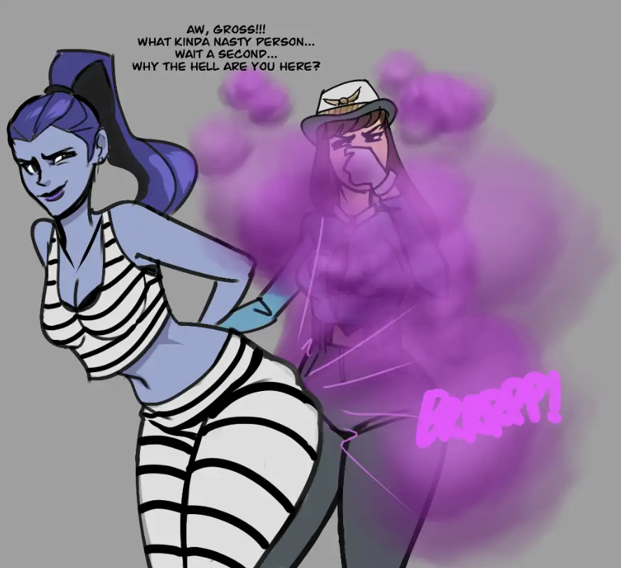 2girls arrested butt_ripples d.va d.va_(overwatch) fart fart_cloud fart_fetish farting female female_only holding_nose lolotron6 overwatch police_uniform prison_uniform purple_gas smug smug_smile widowmaker widowmaker_(overwatch)