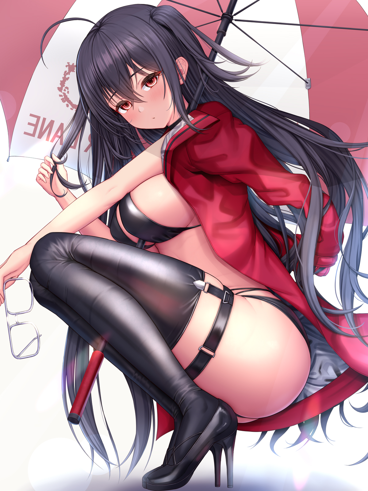 1girls, azur lane, bangs, black footwear, black hair, blush, breasts, crossed bangs, female, female focus, female only, full body, glasses, hair between eyes, high heels, highres, jacket, large breasts, long hair, long sleeves, looking at viewer, melopun, official alternate costume, parasol, red eyes, red jacket, simple background, solo, solo female, taihou (azur lane), taihou (enraptured companion) (azur lane), thighhighs, thighs, umbrella, white background