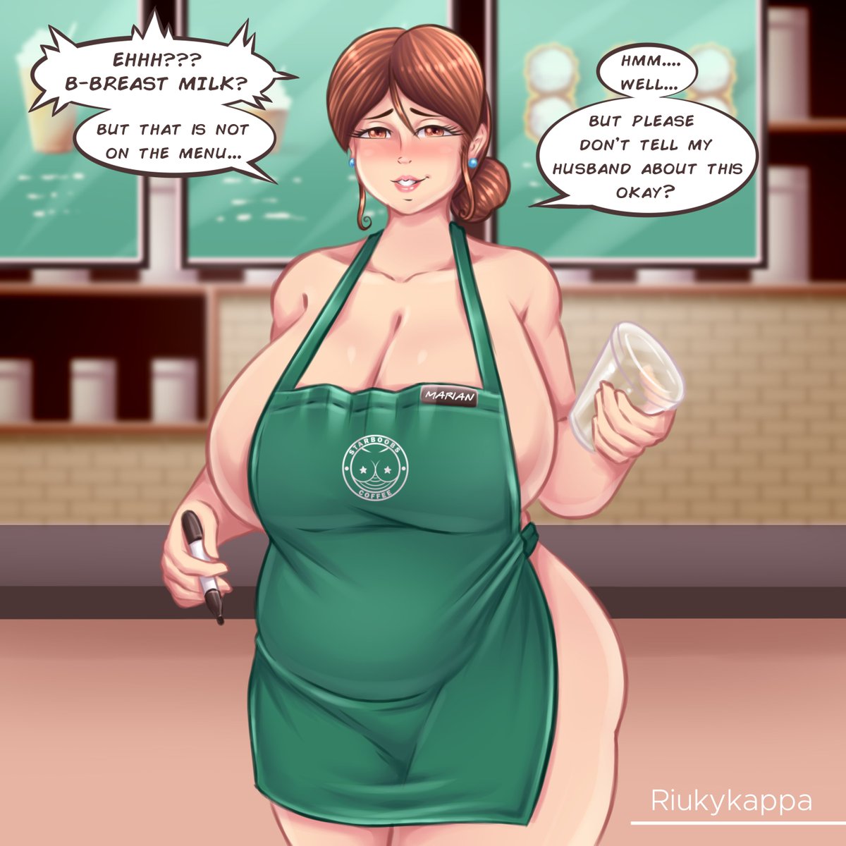 1girls, ass, breasts, brown hair, chubby female, cleavage, female, female only, hair bun, half naked, huge ass, huge breasts, iced latte with breast milk, marian (riukykappa), meme, milf, mother, naked apron, riukykappa, solo, speech bubble, starbucks, tagme
