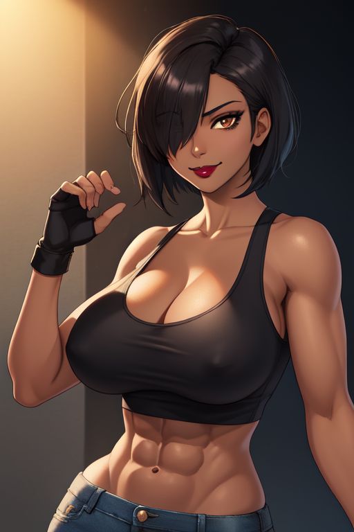 ai_generated big_breasts black_hair breasts breasts brown_eyes dark-skinned_female dark_skin female female_human female_only lips muscular toned_abs