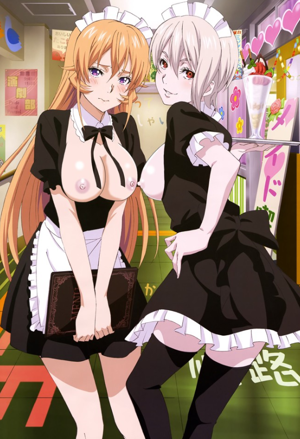 2girls, blonde hair, blonde-haired female, breasts, exposed breasts, female, maid, nakiri alice, nakiri erina, shokugeki no souma, white hair, white-haired female